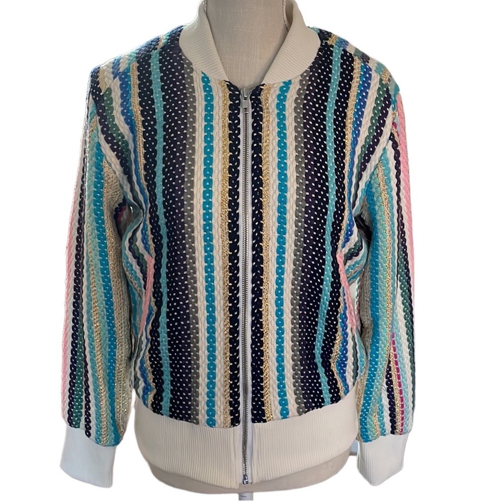 NEW, America and Beyond Rainbow Boho Stripe Bomber Jacket Faux Fur Lining, Sz M - Picture 2 of 10